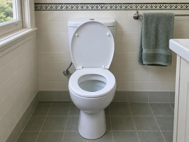 Clean white toilet in a tiled bathroom with towel rail and window in Killara